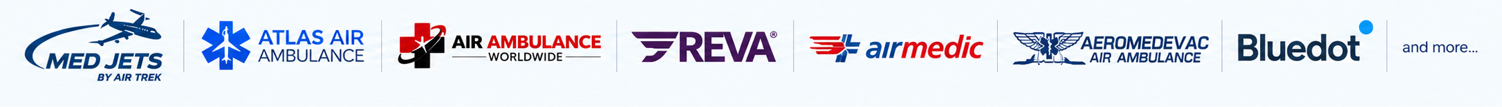 Medical transport providers: MedJets, Atlas Air Ambulance, Air Ambulance Worldwide, REVA, airmedic, Aeromedevac Air Ambulance, and Bluedot.
