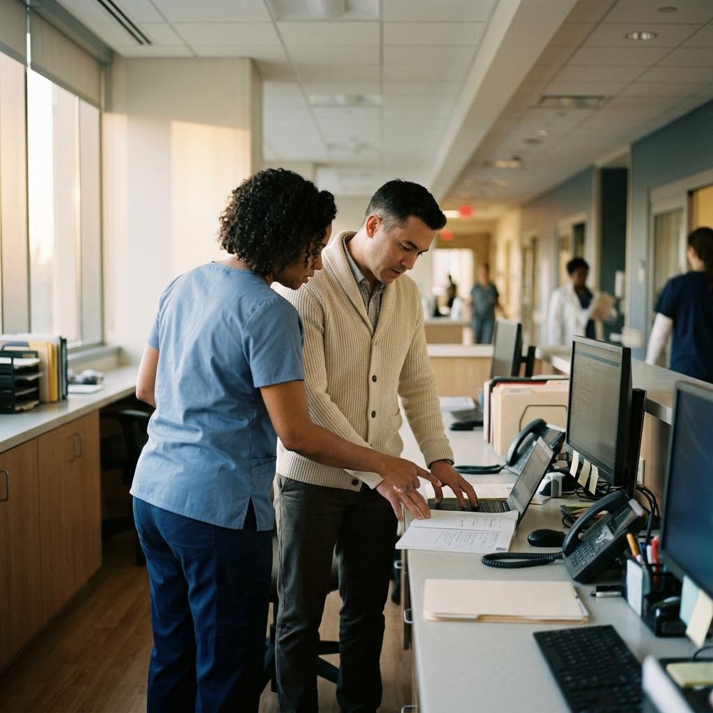 Illustrative view of hospital care coordinators collaborating at a workstation