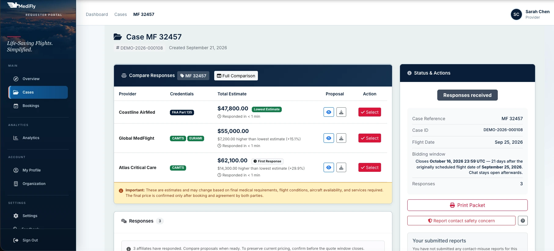 BookMediFly dashboard comparing three provider quotes, credentials, and estimated transport costs