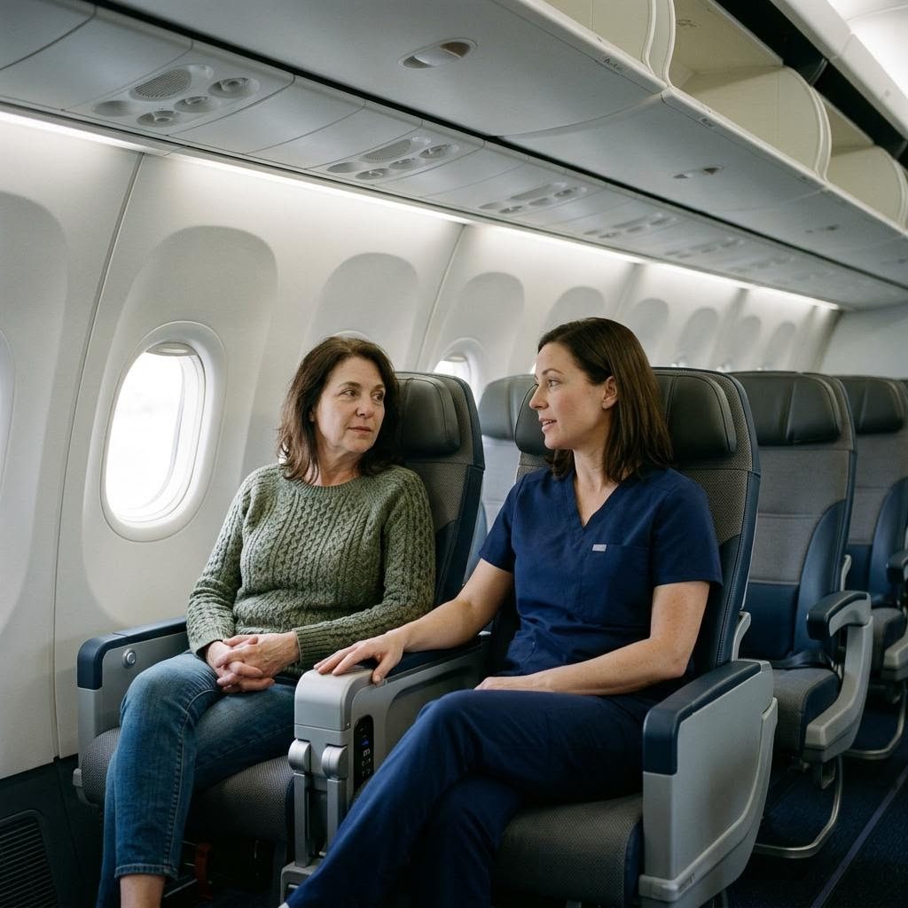 Illustrative medical escort speaking with a seated traveler in a commercial airline cabin