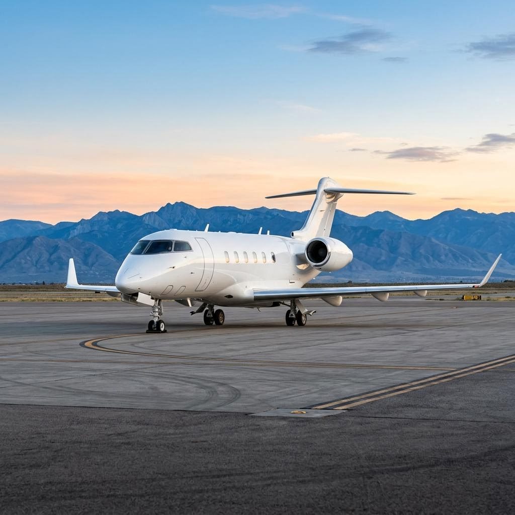 Illustrative white fixed-wing jet on an airport apron with mountains at sunrise